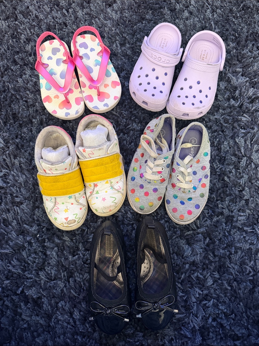 Lot of 5 Kids Shoes: Crocs, London Fog Flats, Cat&Jack Shoes, & heart FlipFlops